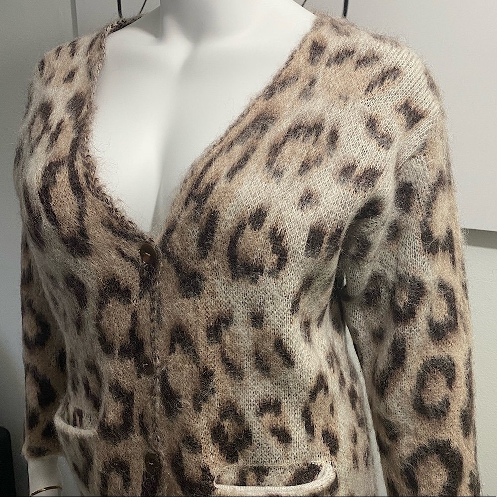 LOEWE Leopard Print Mohair Sweater Button Cardigan in Beige Made in Italy